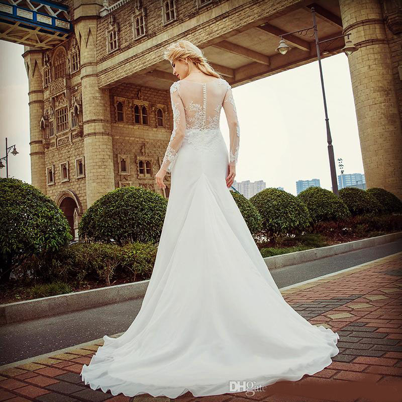 Luxury Long Sleeve Wedding Dresses White Fish Tail Lace Long Sleeved High Quality Freight Spring Sticker Beaches Wedding Dress