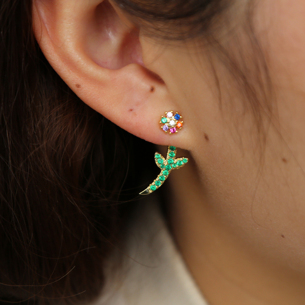 2024 spring new arrived jewelry earring for girl women Bloom flower leaves green rainbow cz paved trendy jewelry