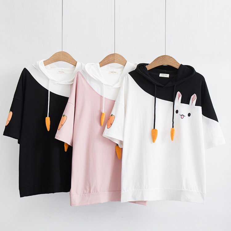 Japanese Harajuku Female Lovely Pink Rabbit T Shirts 2019 Cute Carrot Short Sleeve Anime Bunny Tee Tops Mori Girl Kawaii T-shirt Y19060601