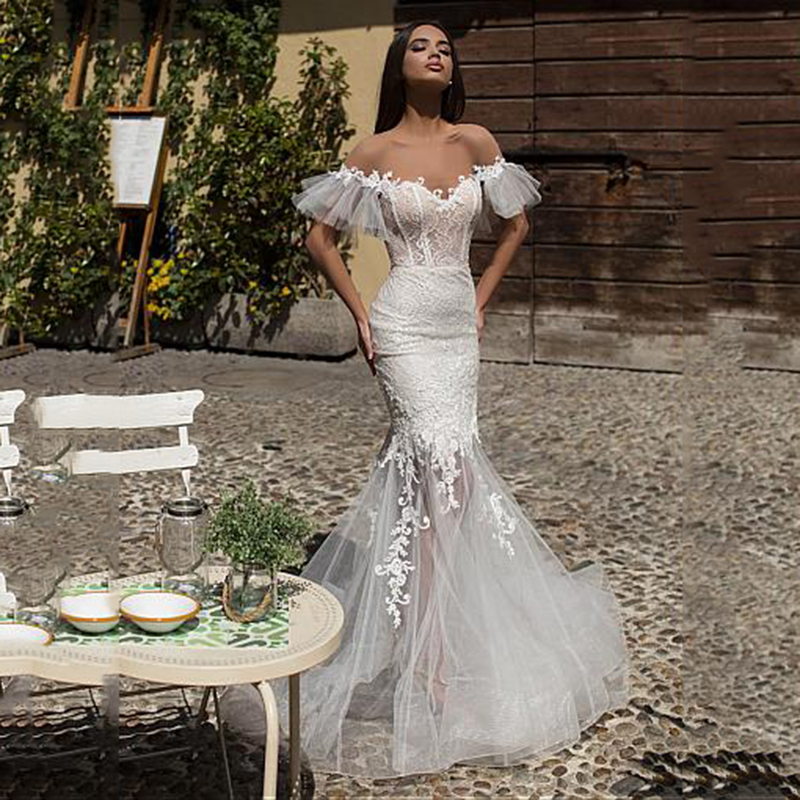 Mermaid Amazing Lace Wedding Dresses Off The Shoulder Appliqued Bridal Gowns Custom Made Tulle Sweep Train Robes De Mari E