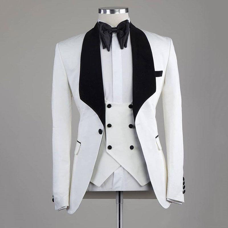 Fashion One Button Black/Navy Blue/White Wedding Men Suits Shawl Lapel Three Pieces Business Groom Tuxedos (Jacket+Pants+Vest+Tie) W1019