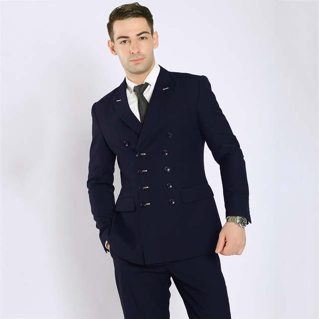 Classic Style Double Breasted Navy Blue Groom Tuxedos Peak Lapel Men Suits Wedding/Prom/Dinner Best Man Blazer (Jacket+Pants+Tie) W271
