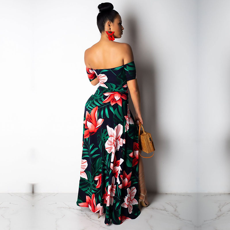 Boho Printed Summer Beach Maxi Dress Strapless Off Shoulder Sexy High Slit Sundress Womens Robe Hollow Out Long Dr