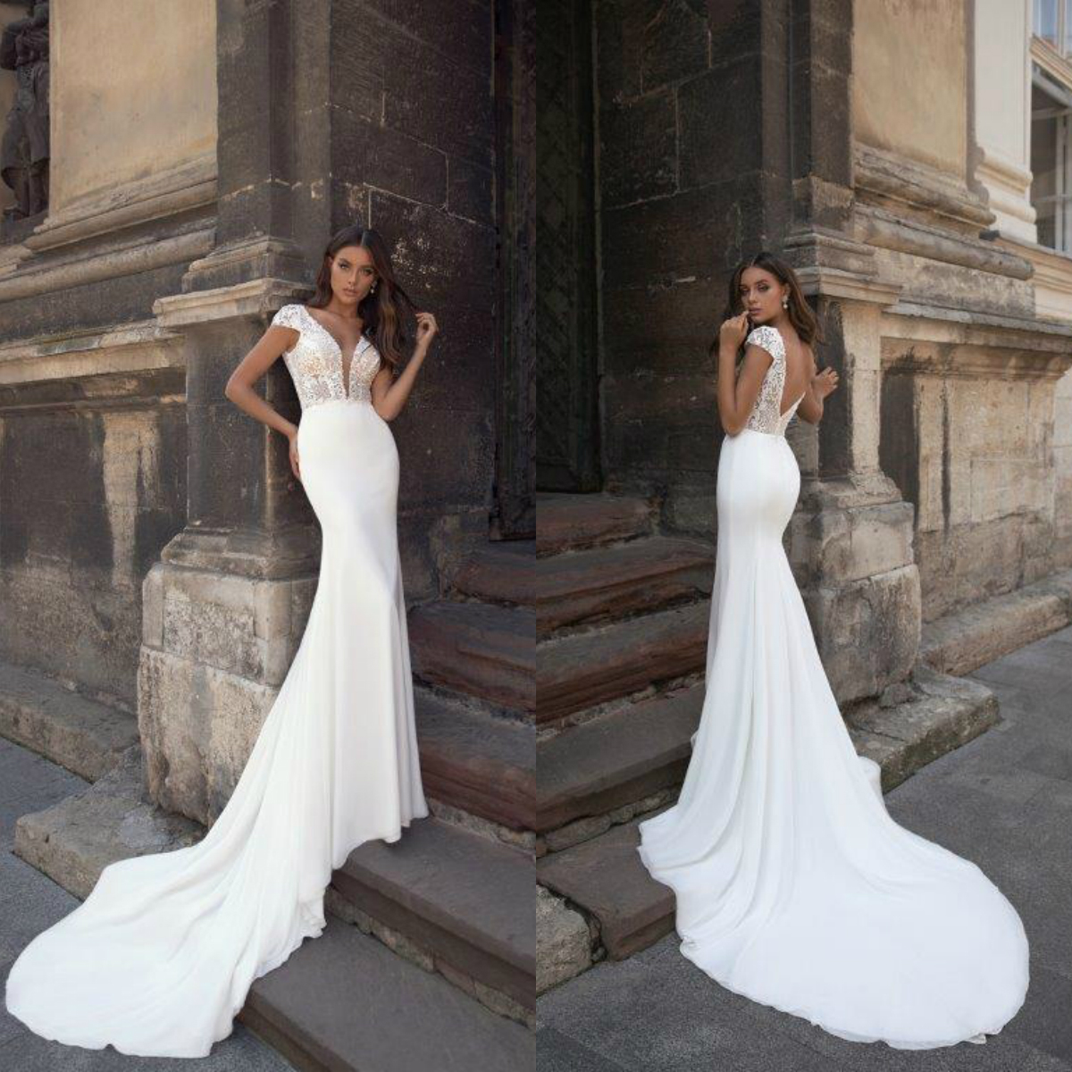 2020 Julie Vino Mermaid Wedding Dresses Court Train Deep V Neck Trumpet Wedding Dresses Bridal Gowns Country Bridal Vestido De Novia