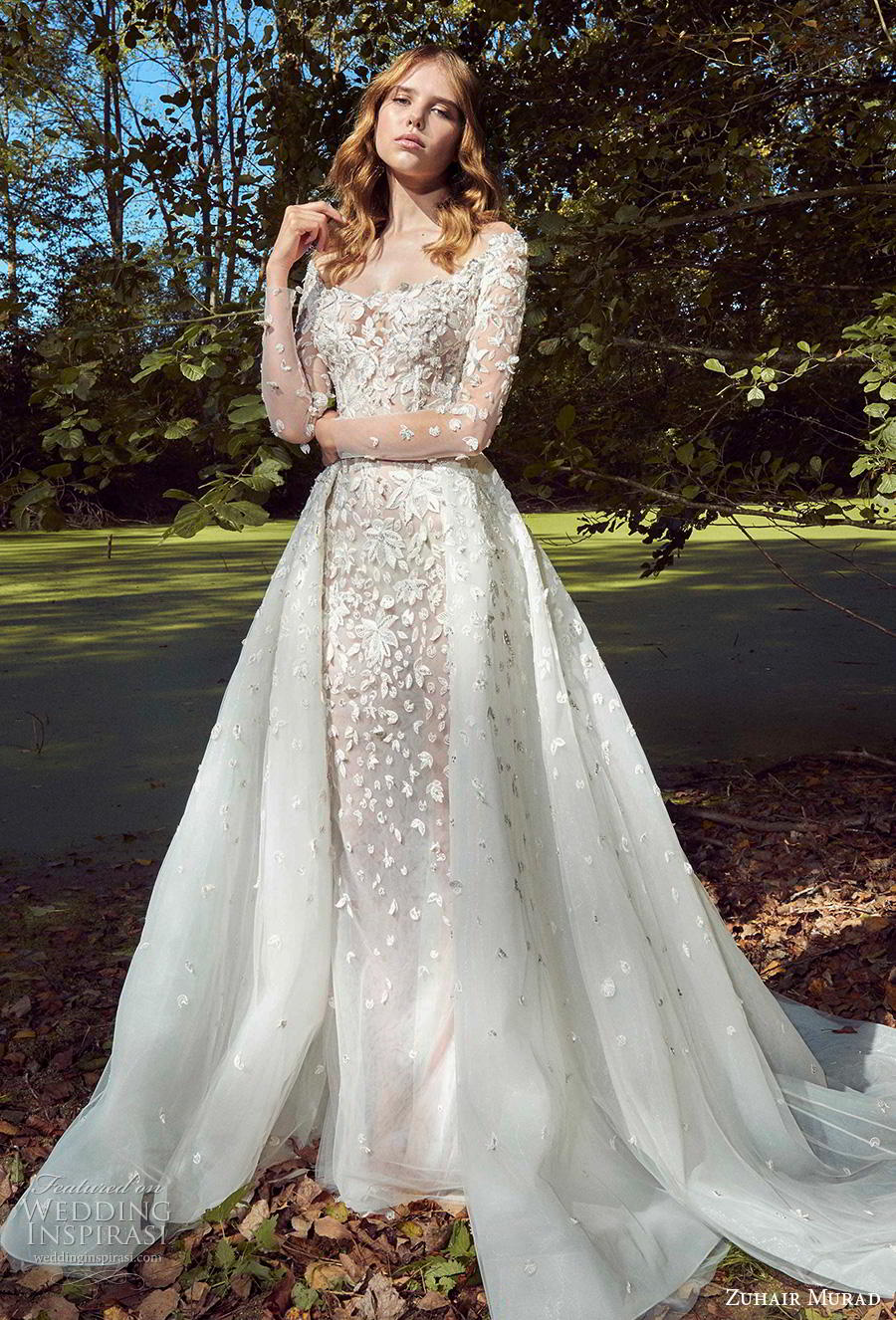 Zuhair Murad Mermaid Wedding Dresses With Detachable Train Scoop Long Sleeve Appliques Bridal Gowns Garden Vestido De Novia