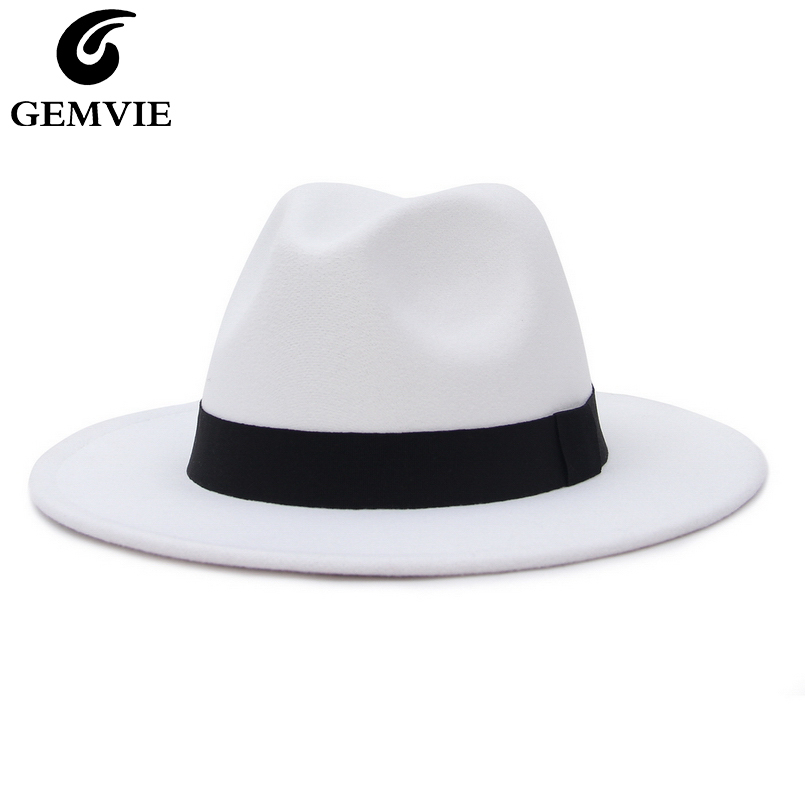 GEMVIE New Wide Brim White Fedora Hat For Women Wool Felt Hats For Men Fall Winter Panama Gamble Jazz Cap Striped Black Band LY191228