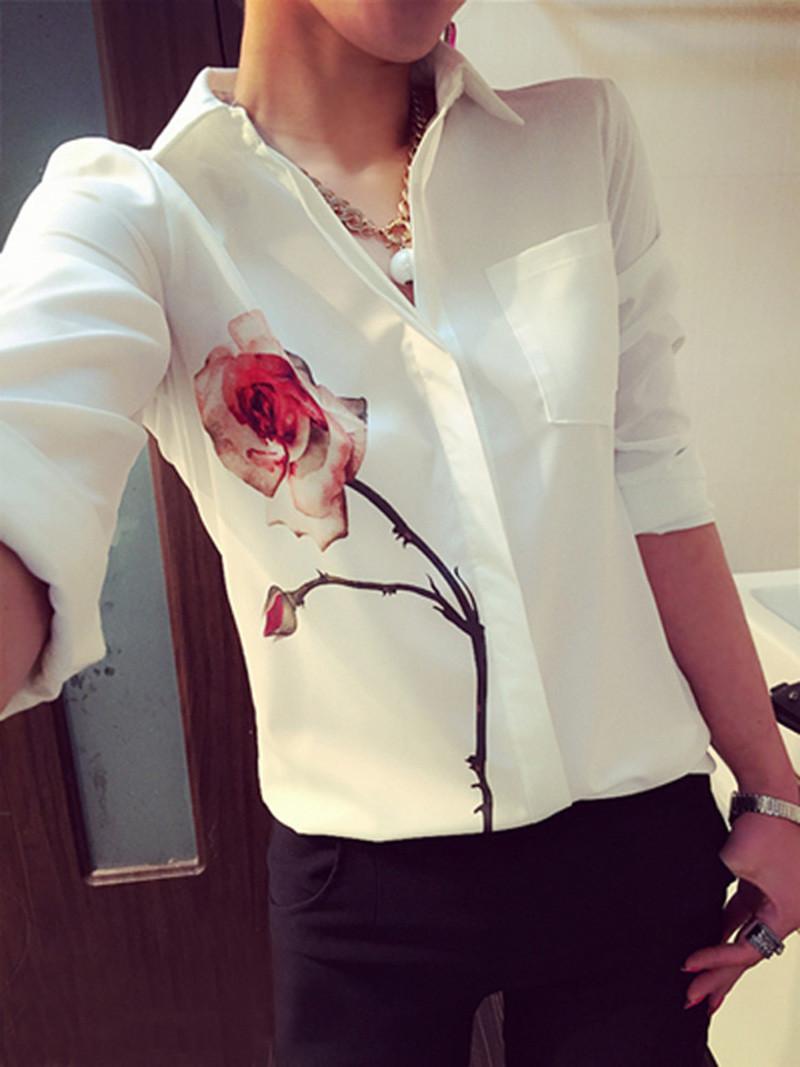 hot sale Autumn Rose Flower Printed Long Sleeve Blouse Women Turn Down Collar Chiffon Shirts White Women Clothes