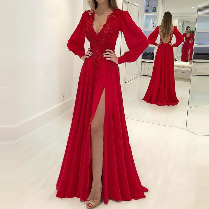 2019 Long Sleeve Lace Appliques Beaded Red Prom Dresses A Line V Neck Chiffon Evening Dresses Backless High Split Robe De Soiree, Fuchsia
2019 Long Sleeve Lace Appliques Beaded Red Prom Dresses A Line V Neck Chiffon Evening Dresses Backless High Split Robe De Soiree, Fuchsia