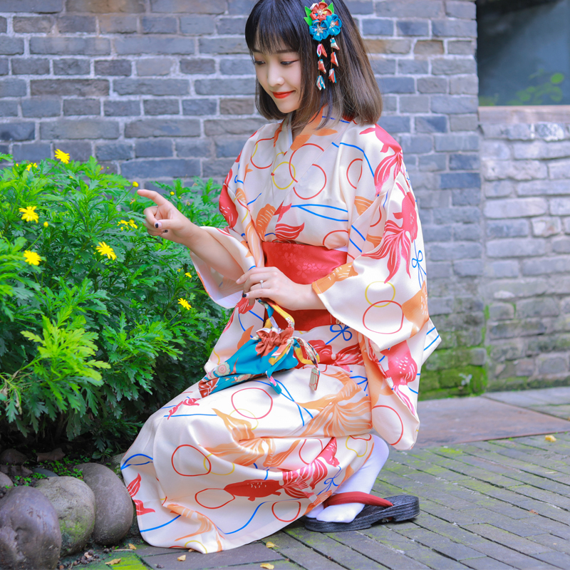 Cherry beauty Japanese kimono women formal red goldfish handle modified Clothing Standard version traditional kimono Japan Girl