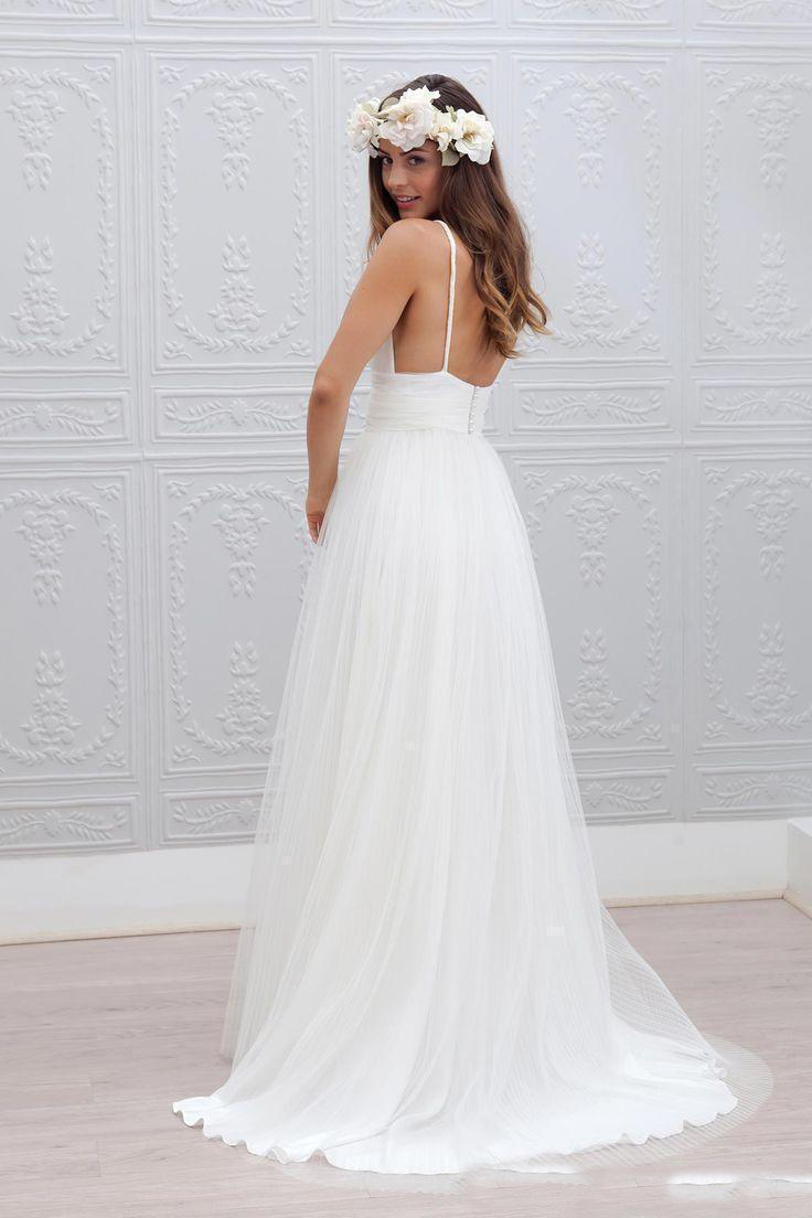 A-line Wedding Dresses Chiffon Spaghetti Straps V-Neck With Low Back Bridal Gown Court Train Summer Wedding Gowns