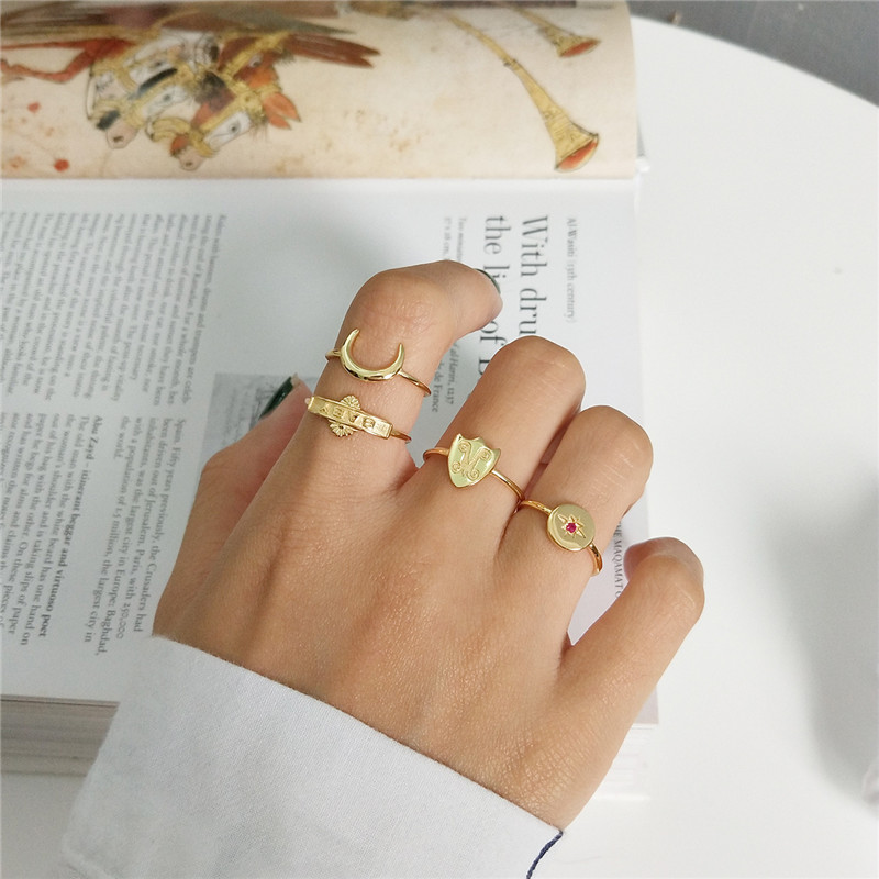 New 925 Sterling Silver Open Rings Letter Baby Moon Star Shield Type Adjustable Statement Ring Simple Fine Jewelry