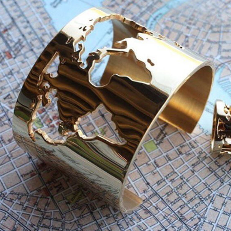World Map Cut-out Cuff Bangle Bracelet Travel Peace Jewelry Stainless Steel 40mm Wide Engraving Fine Polished Circle Angle MX190727