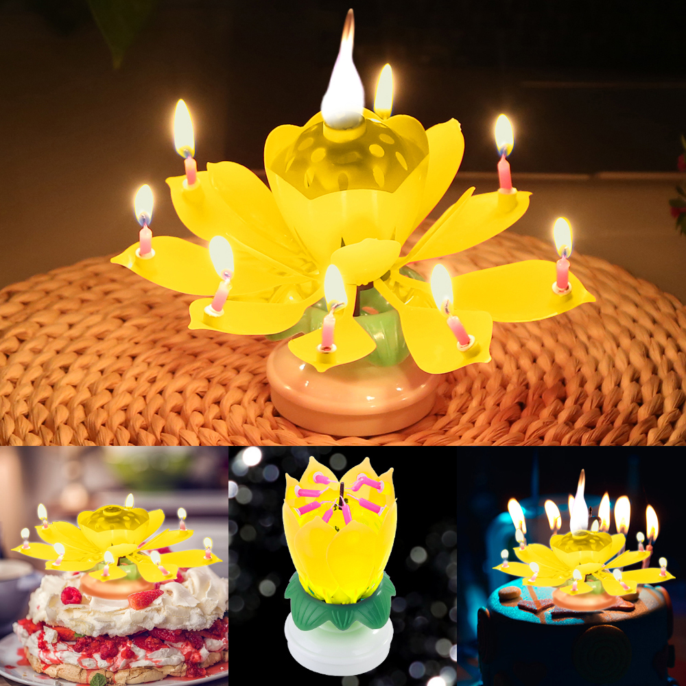 Innovative Party Cake Topper Musical Lotus Flower Rotating Happy Birthday Candle W/ 8 Small Candles C19041901