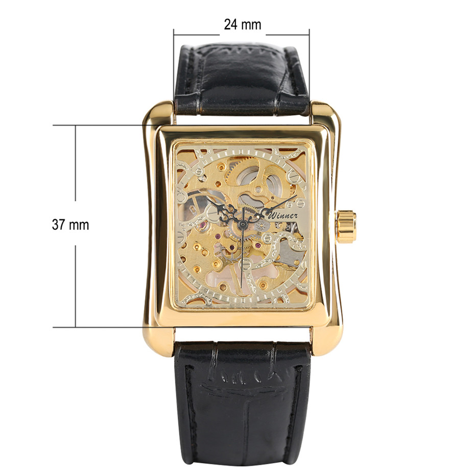 Mechanical Watch for Men Unique Rectangle Skeleton Men Watch Manual Mechanic Genuine Leather Band Cool Wrist Watches reloj