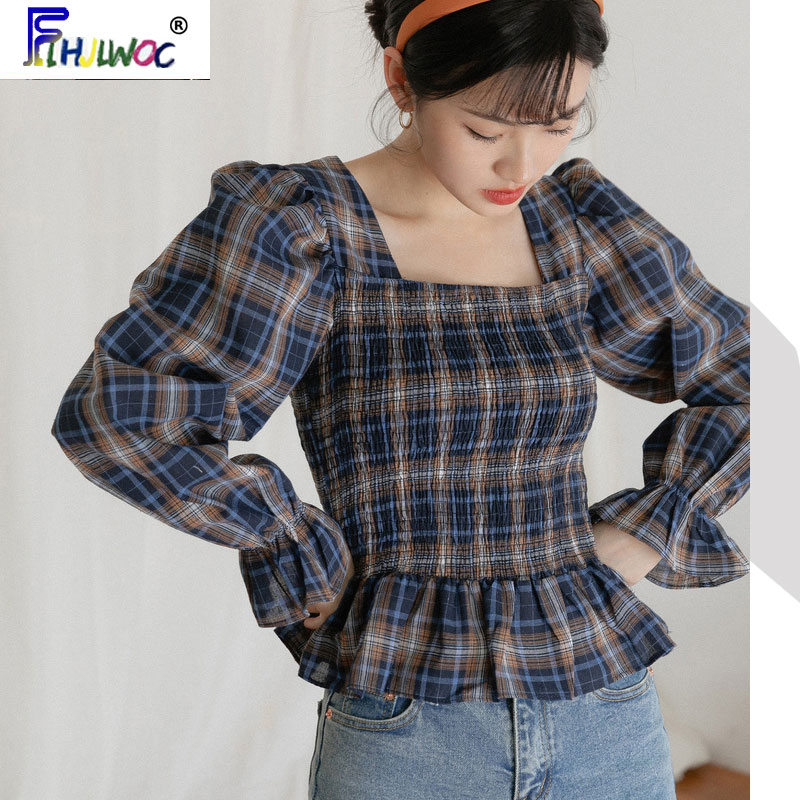 2020 Short Tops Cute Design Hot Women Flare Sleeve Slim Fitted Criss Cross Red Plaid Shirts Korean Japanese Peplum Top Blouse, Blue
2020 Short Tops Cute Design Hot Women Flare Sleeve Slim Fitted Criss Cross Red Plaid Shirts Korean Japanese Peplum Top Blouse, Blue