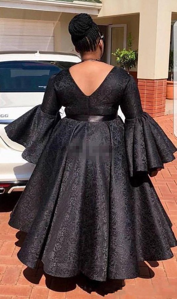 Spring 2020 Puffy Long Sleeve Plus Size Prom Dresses Boat Neck Puffy A Line Ankle Length Black Lace Formal Gowns for Black Girls