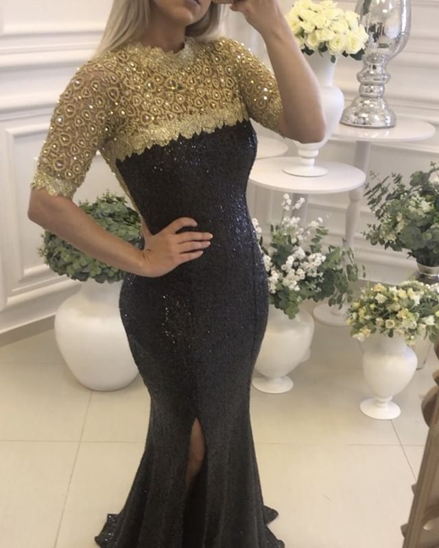 sexy black lace evening dresses short sleeves mermaid sequined prom dresses luxurious pageant formal party gowns