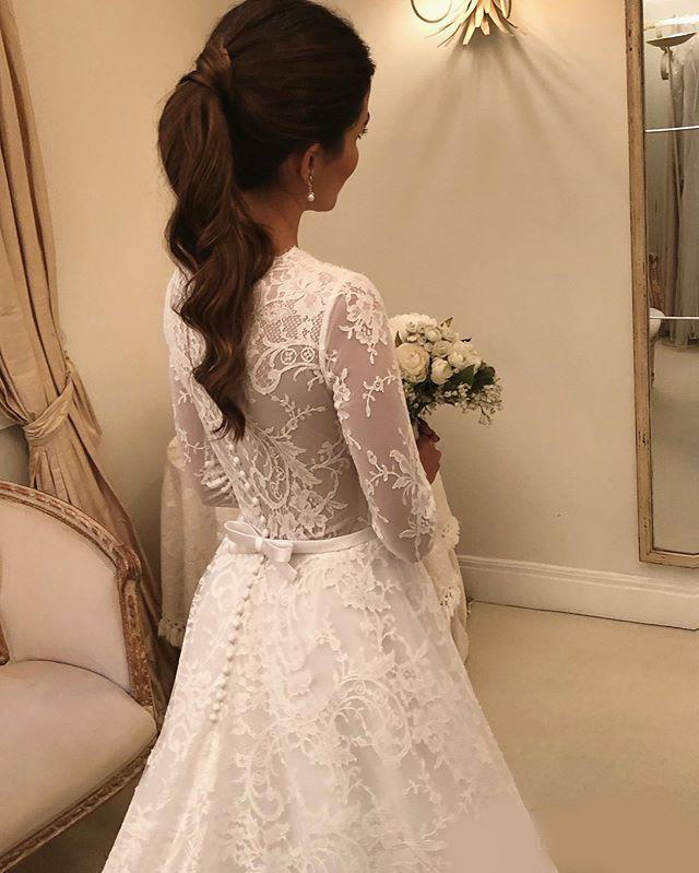 Modest Design Full Lace Wedding Dresses Long Sleeve Jewel Neck Small Bow Sash A Line Bridal Gowns Vestido De Noiva Sweep Trail