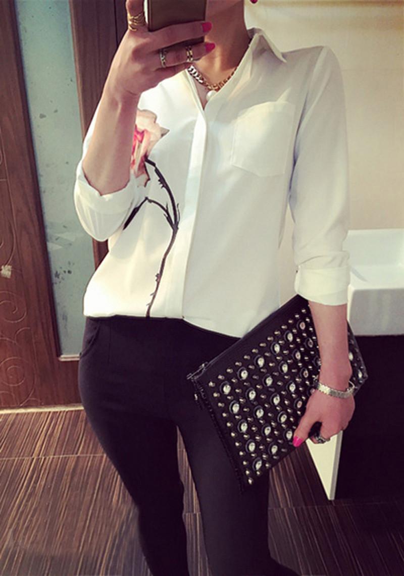 hot sale Autumn Rose Flower Printed Long Sleeve Blouse Women Turn Down Collar Chiffon Shirts White Women Clothes
