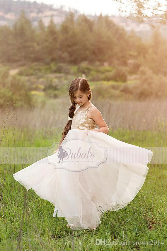 2022 Junior Bridesmaids Dresses For Kids Gold Sequin Flower Girl Dress With Ivory Tulle Floor Length Wedding Girls Christmas Dresses