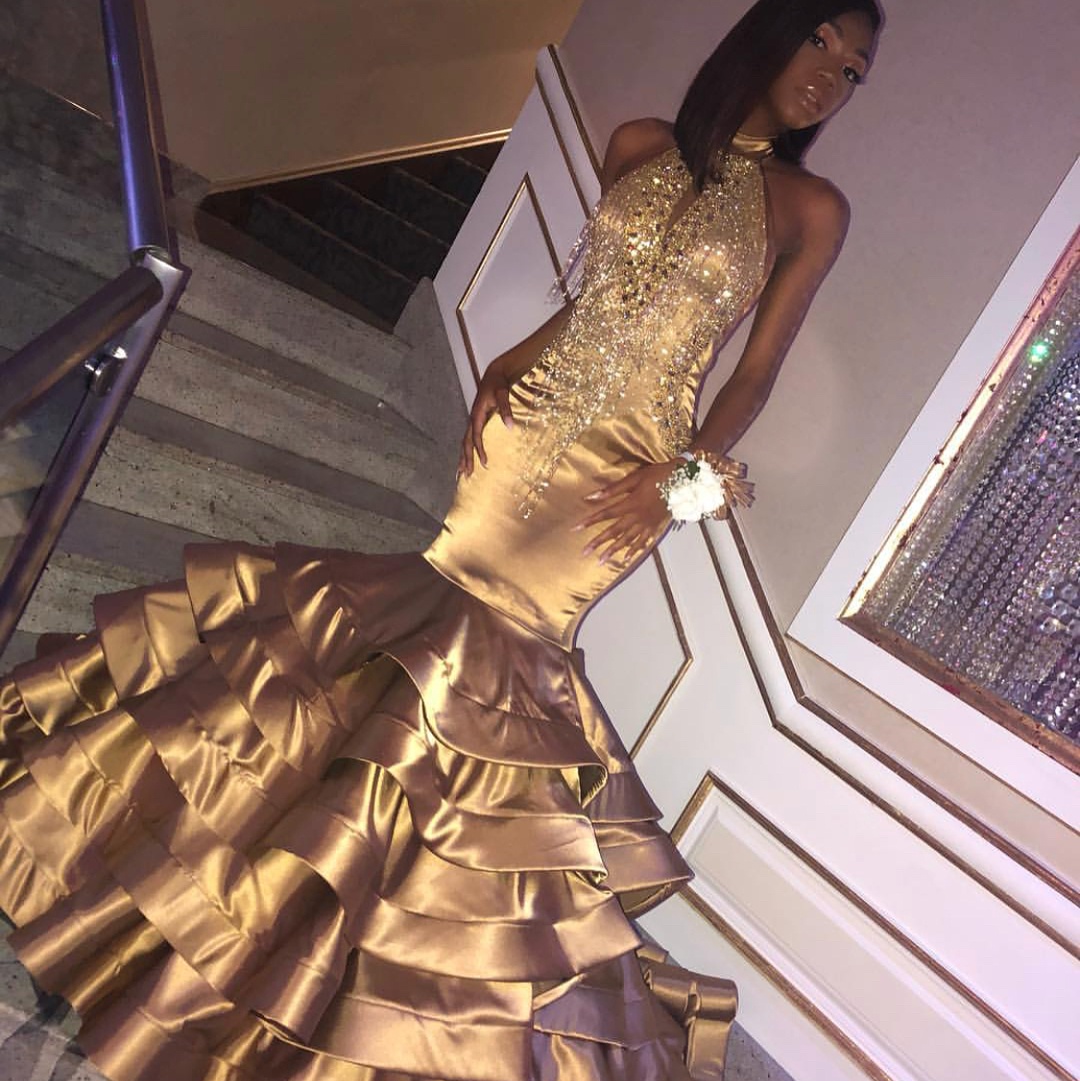 2019 Gold Mermaid Prom Dresses With Tiered Ruffles High Neck Sequined Tassels Evening Gowns Custom Made Special Occasion Dresses