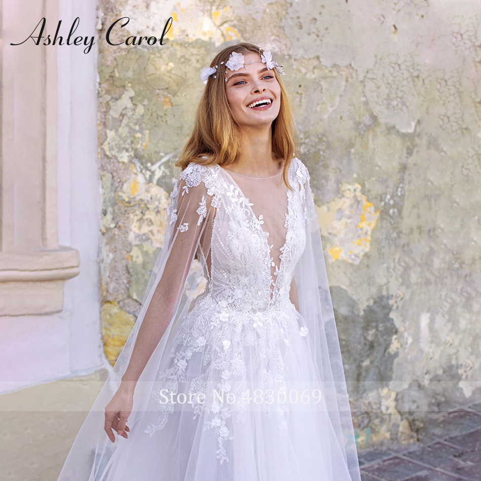 Romantic V-necke Sexy Backless Boho Beach Tulle Dress Beaded Appliques Long Sleeve Wedding Gowns