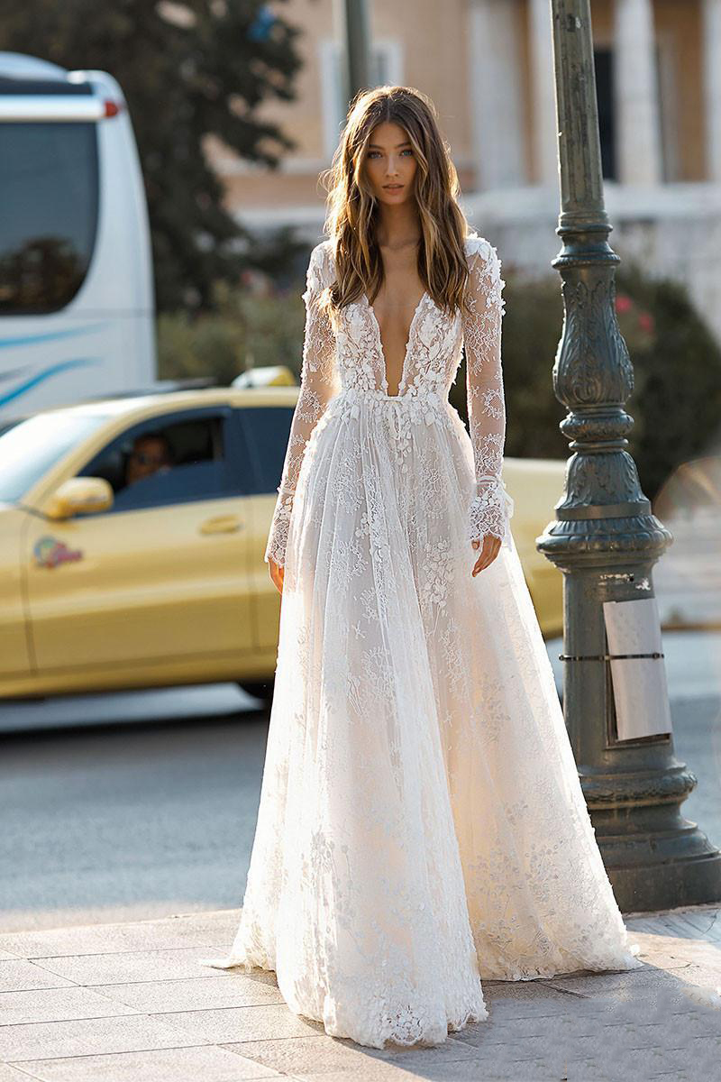 Elegant Gown Berta Wedding Dresses Sexy Deep V Neck Backless 3D Flora Lace Appliques Beach Bridal Custom Robe De Mariee