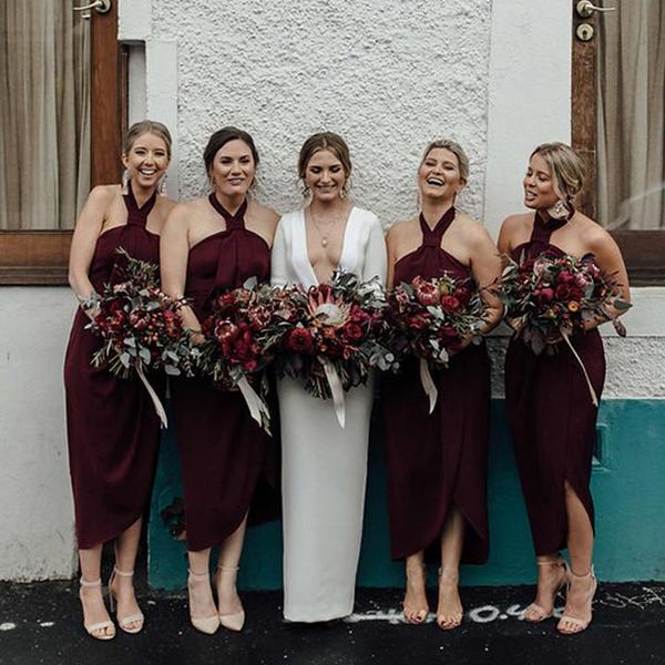 Fashion Halter Short Burgundy bridesmaid dresses ankle length Soft Satin junior maid of honor dress Slim Neckline Summer Country bridesmaid