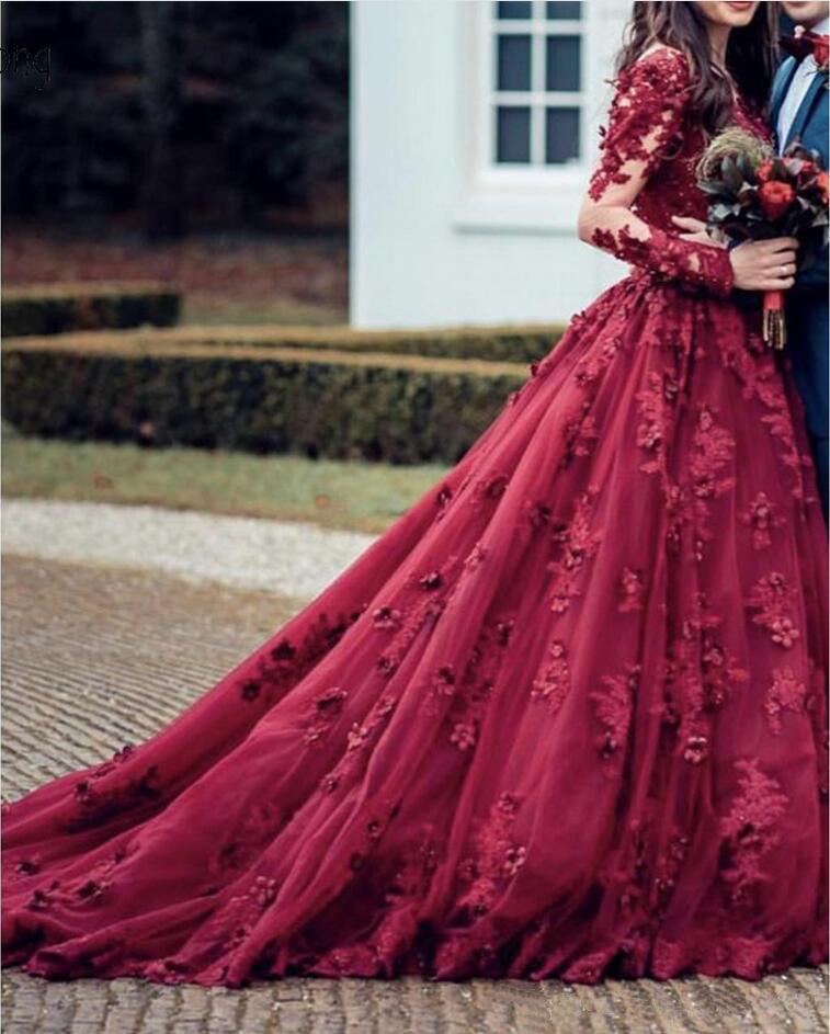 Setwell Burgundy Jewel Sheer Neck A-line Prom Dresses Long Sleeves Beaded Pleated Lace Appliques Flowers Party Evening Gowns