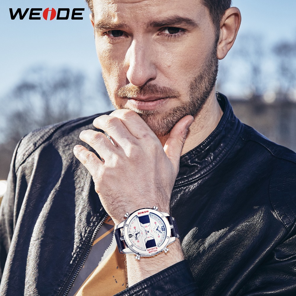 

WEIDE Mens Fashion Sports Casual Three Time Zone Quartz Analog Digital Date Clock Leather Strap Military Watch Relogio Masculino, Black