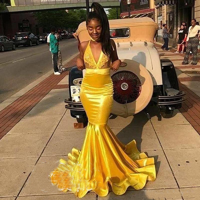 Yellow Satin Mermaid Prom Dresses Sheer Lace Top and Satin Skirt Long Evening Dress Graduation Party Gowns Corset Back