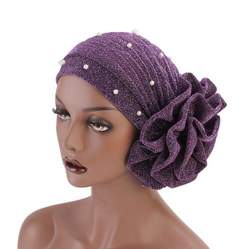 Women Beaded Glitter Turban Big Flowers Headband Wedding Party Head Scarf Hair Lose Cap Head Wraps Hair Accessories GB588