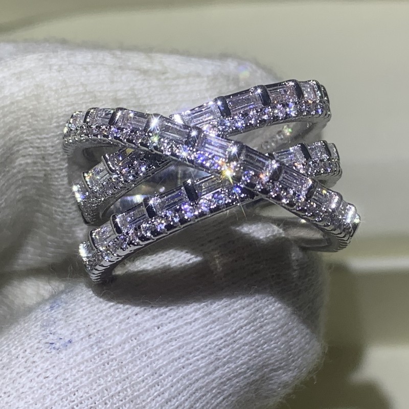 Sparkling Handmade Deluxe Jewelry 925 Sterling Silver Princess Cut White Topaz CZ Diamond Gemstones Party Cross Ring Women Wedding Belt Ring
