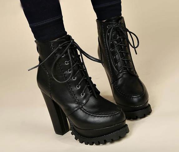 Fashion Women Gothic Boots Lace Up Ankle Boots Platform Punk Shoes Ultra Very High Heel Bootie Block Chunky Heel size 3439