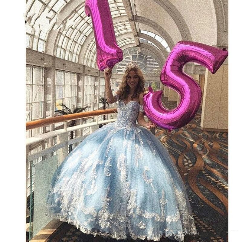 Sky Blue Sweet 16 Quinceanera Dresses with Detachable Sleeves Ball Gowns Sweetheart Corset Back Lace Applique Tiered Skirt Tulle Prom Dress