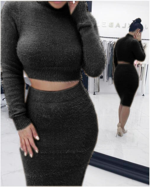 Echoine Women Party Sweaters Skirts Outfits Solid Long Sleeve Bodycon Stretch Casual Female Knitted Sweater Tops Skirt 2PCS Sets