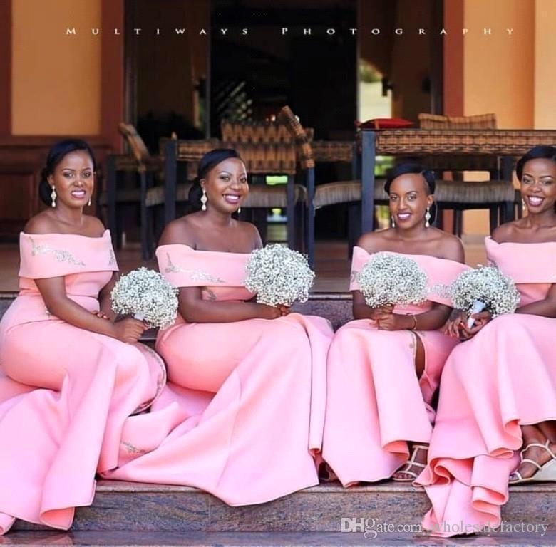 Nigerian African Pink Mermaid Bridesmaid Dresses Off The Shoulder Lace Applique Split Floor Length Maid of Honor Wedding Guest Dresses