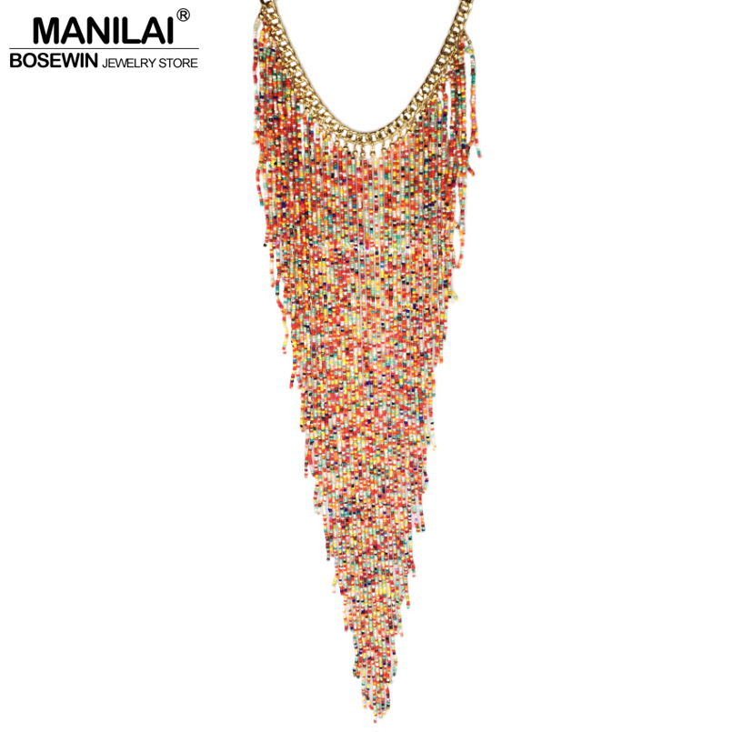 Fashion- Bohemian Style Design Women Charm Jewelry Resin Bead Handmade Long Tassel Statement Link Chain Choker Necklace Christmas Gift