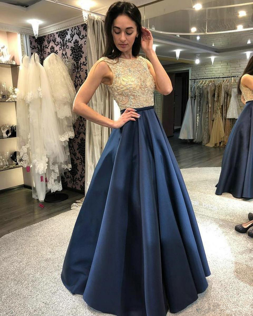 Fashion Dark Navy Long Evening Dresses Gowns Women Party Scoop Satin Lace Zipper A-Line Sexy Lady Club Dress