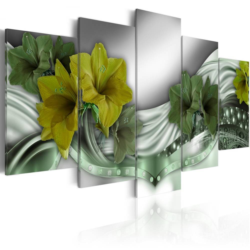 Fashion Wall Art Canvas Painting 5 Pieces Red Brown Green Diamond Lilies Flower Modern Home Decoration, No Frame
