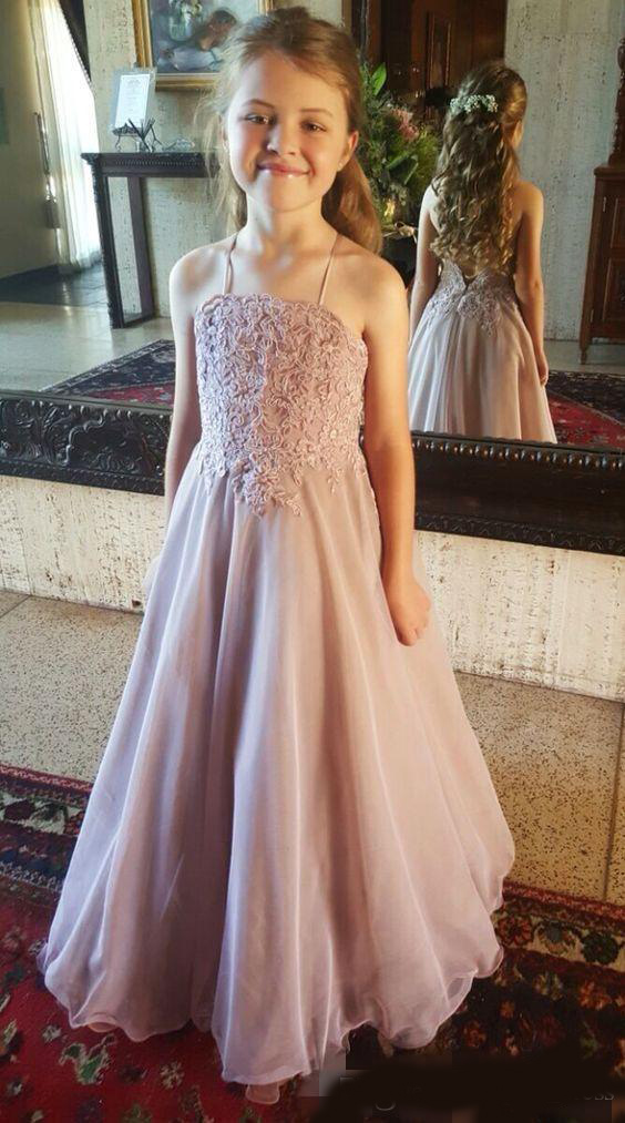 Dusty Pink Flower Girls' Dresses Spagehetti Straps Lace Applique 2020 Backless Organza Floor Length A Line Little Girl Birthday Party Gown