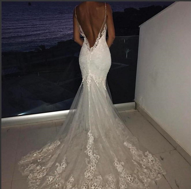 Sexy Backless Mermaid Boho Wedding Dress With Detachable Train Applique Lace Spaghetti Straps Long Bohemian Beach Bride Dresses Bridal Gowns