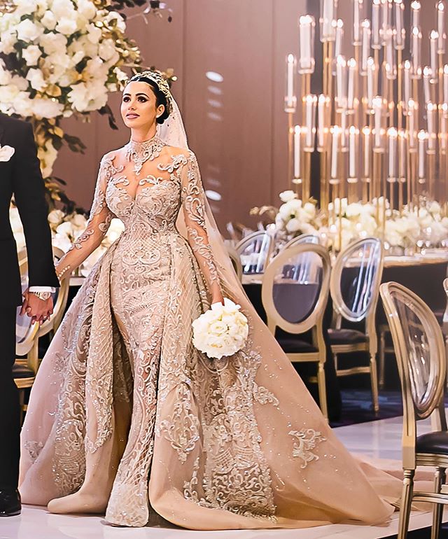 Modest High Collar Long Sleeve Mermaid Wedding Dresses With Detachable Train Lace Applique Wedding Gowns Crystal robe de mariée