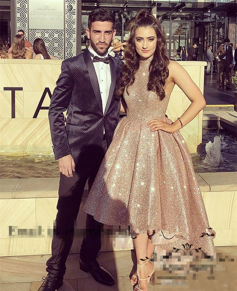 Rose Gold High Low Prom Dresses Full Sequined Arabic High Neck Formal Holidays Wear Graduation Homecoming Evening Party Gowns