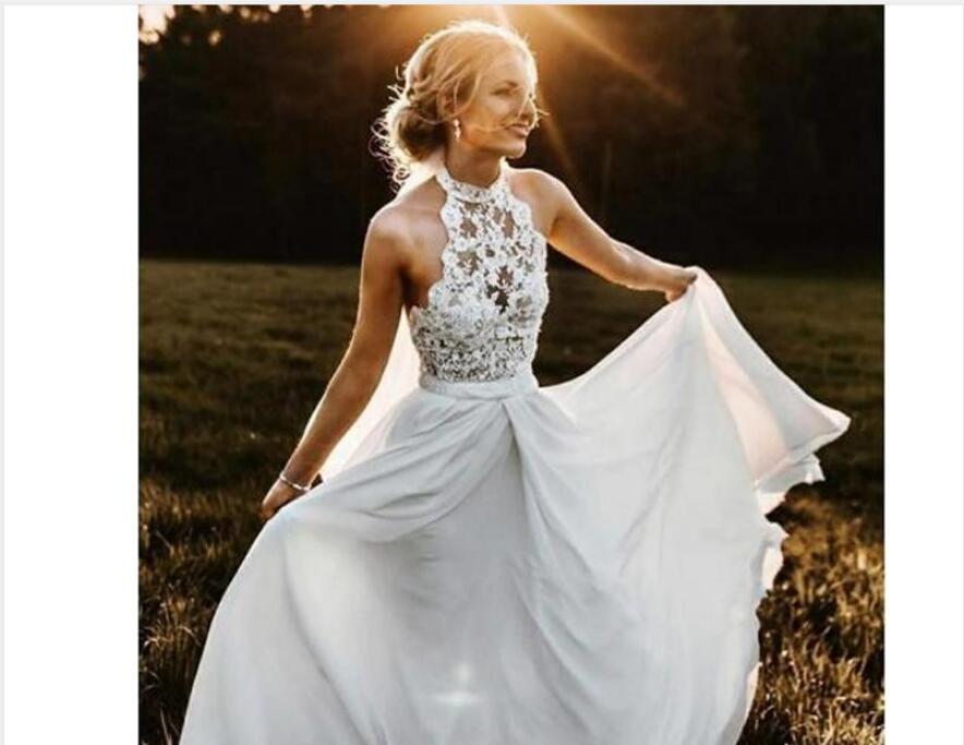 Bohemian Beach Cheap A Line Wedding Dresses Halter Appliques Lace Chiffon Sweep Train Illusion Backless Plus Size Long Formal Bridal Gowns Ppliques