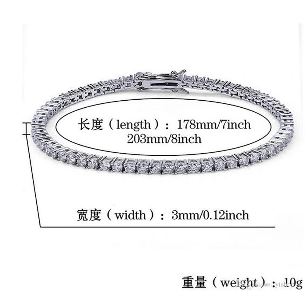 3mm Hip hop tennis chain bracelets cz paved for men women jewelry tennis bracelet mens jewelry gold silver rose gold 7inch 8inch