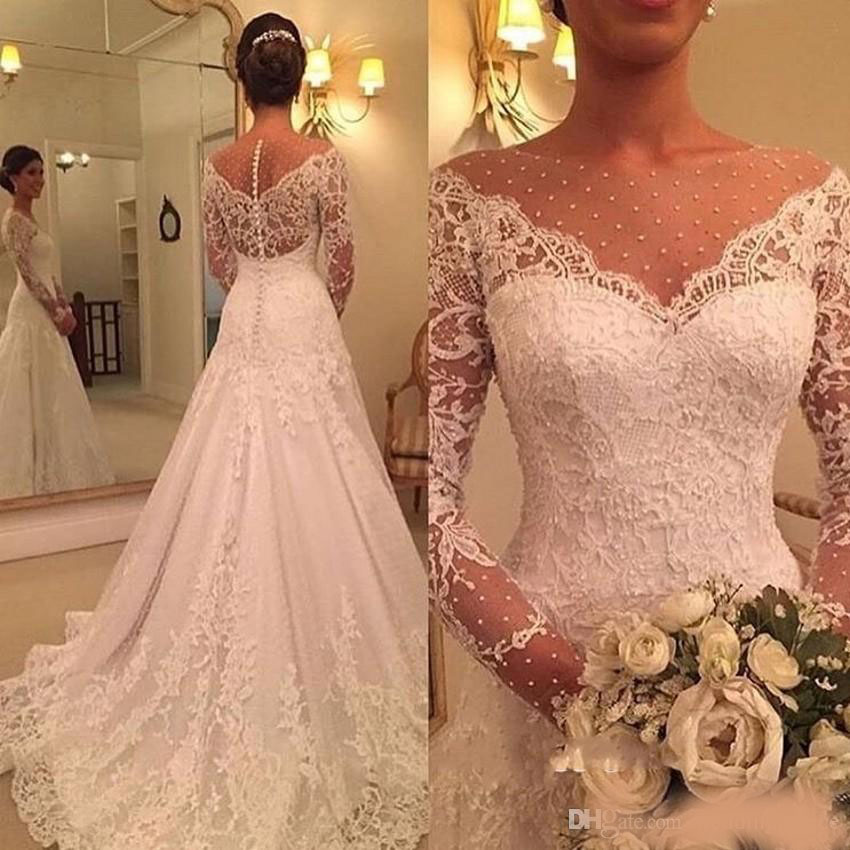 Gorgeous Long Sleeve Lace Wedding DressesI 2020 Bridal Gowns Zipper Back Mopping Long Section Tiered Skirts Sheer Neck Straps Wedding Gowns