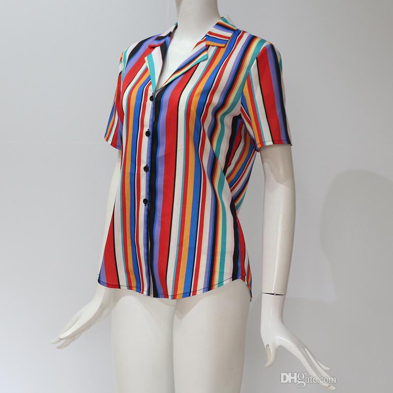 2020 Summer Short Sleeve Chiffon Blouse Shirt Striped Turn Down Collar Office Shirt Casual Tops Plus Size