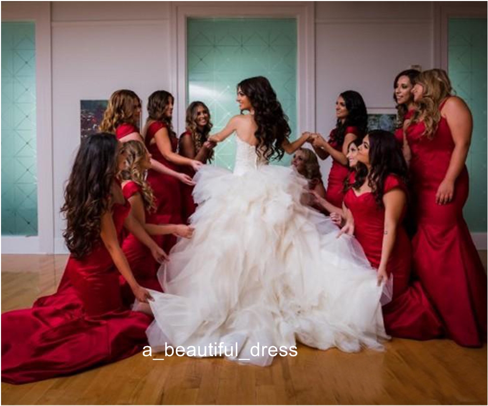 Newest V-Neck Ball Gown A-Line Wedding Dresses Tulle Satin Lace up Back Ruffles Arabic Plus Size Bridal Dresses Wedding Gowns WD2224