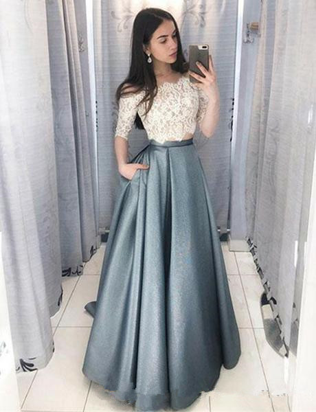 Sexy formal evening dress handmade elegant two piece set satin prom dresses gowns custom sizing plus size long with half sleeve